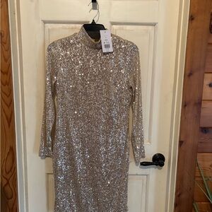 Belk Shimmering Long Sleeve Dress in Gold